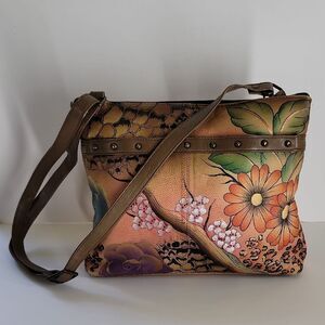 Anuschka Leather Hand Painted Artist Handbag & Coin Purse Floral Signed